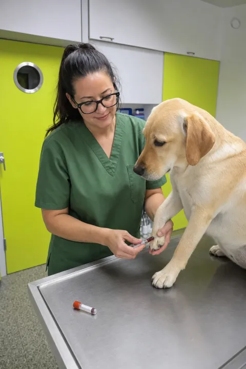 Dr. Cavalcanti nimmt einem Hund am Vorderbein Blut ab