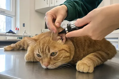 Katze liegt auf dem Behandlungstisch, ihr Ohr wird mit dem Otoskop untersucht
