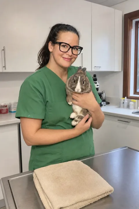 Dr. Márcia Cavalcanti mit einem Kaninchen auf dem Arm im Behandlungsraum