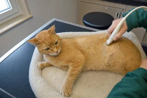 Katze liegt auf einem Kissen, der Schallkopf an der Flanke