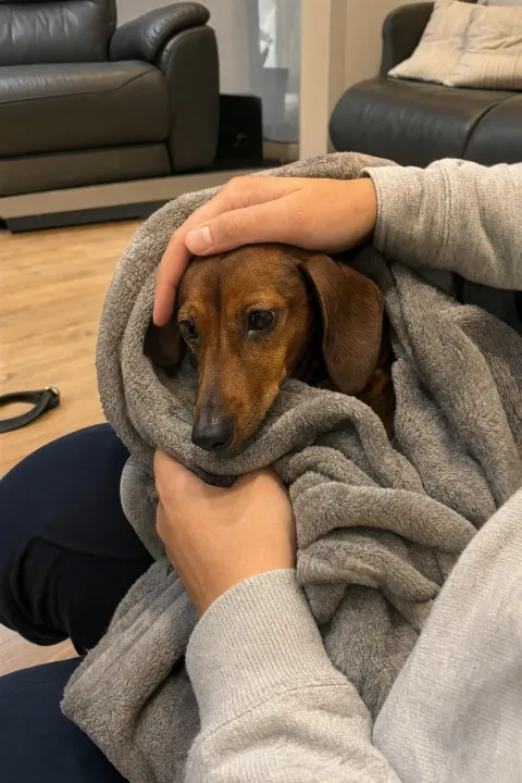 Ein kleiner Hund wird zu Hause in eine Decke gewickelt