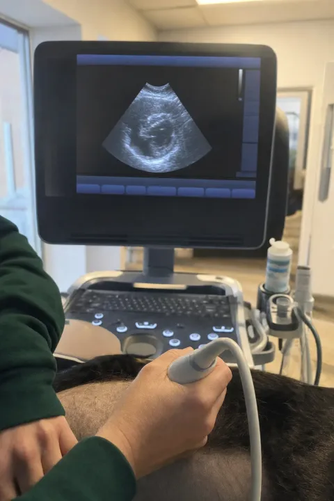 Herzultraschall auf dem Monitor, der Schallkopf in der Hand