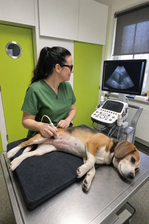 Dr. Cavalcanti beim Bauchultraschall eines liegenden Hundes