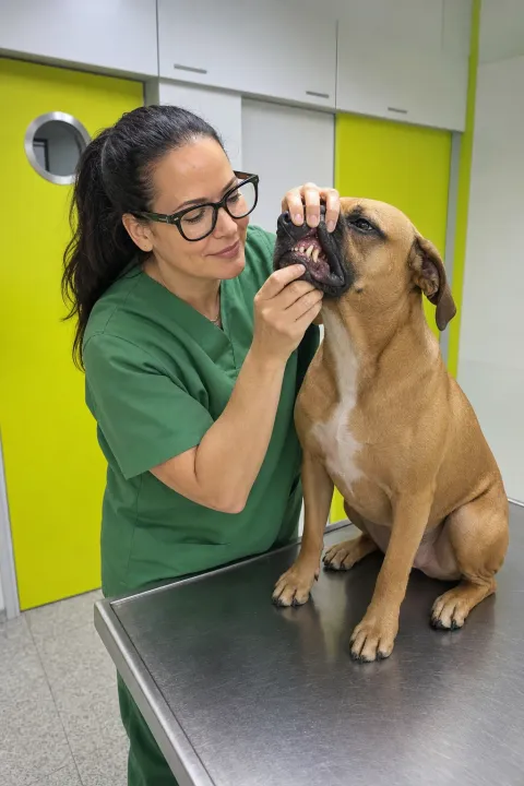 Dr. Cavalcanti hebt die Lefze eines Hundes und zeigt den Zahnstein