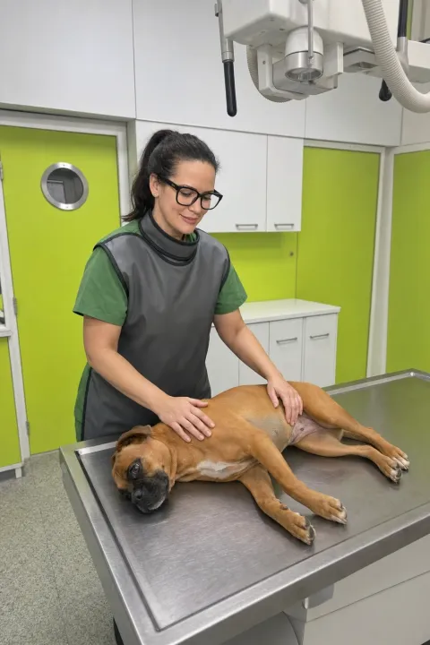 Dr. Cavalcanti lagert einen Hund auf dem Röntgentisch