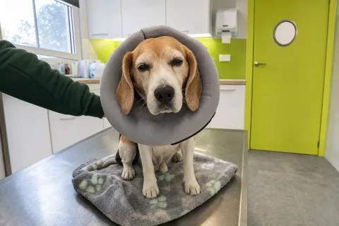 Hund mit Halskragen nach der Operation